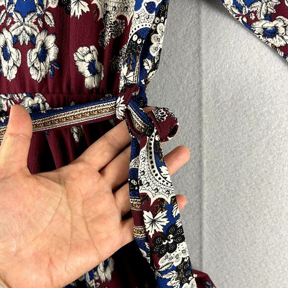 Lulus Delta Floral Print Dress Womens Small Burgundy Asymmetrical Flowy Romantic - Picture 14 of 16